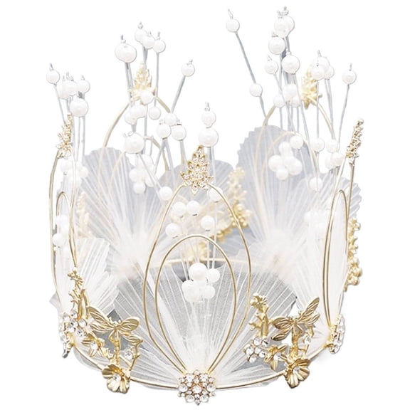 Jiibva Pearl Crown Cake Topper with Yarn Alloy Flower Tiara Cake Adornment Birthday Party Decoration Accessory