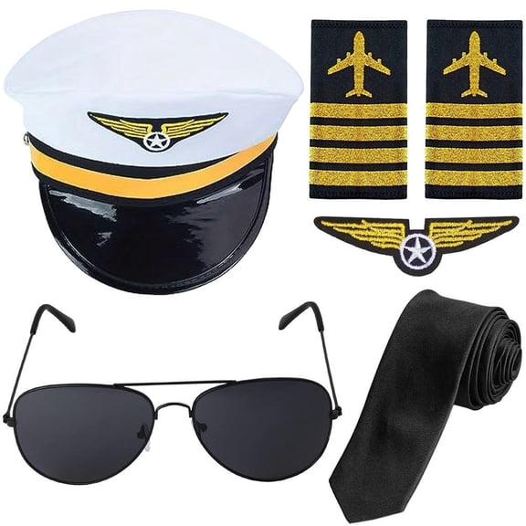Jiibva Pilot Kit with Aviator Hat Sunglasses Tie for Airline Captain Aviation Party Halloween Party
