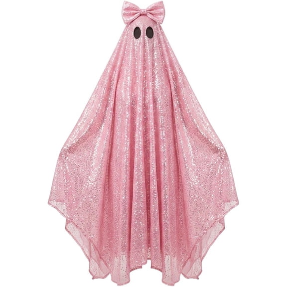 Jiibva Pink Ghost Costume Cape with Sequin Bow Sparkle Halloween Cloak Dress Up Accessory