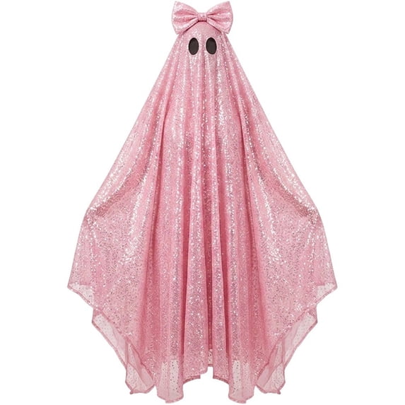 Jiibva Pink Ghost Costume Cape with Sequin Bow Sparkle Halloween Cloak Dress Up Accessory