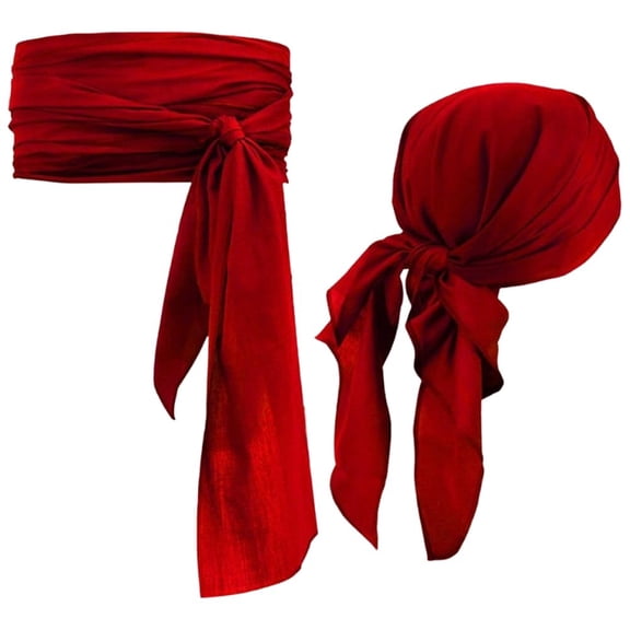Jiibva Pirate Costume Accessory Set Headscarf and Waist Sash Belt Red One Size
