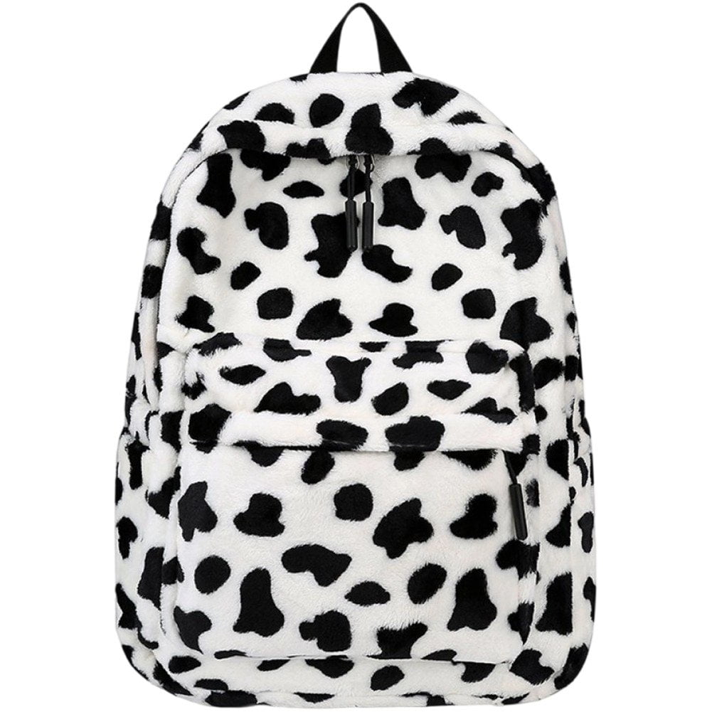 Jiibva Plush Animal Cow Print Backpack for Women Stylish Bag Personalized Travel Shoulder Bag Bookbag Trendy Daypack Purse