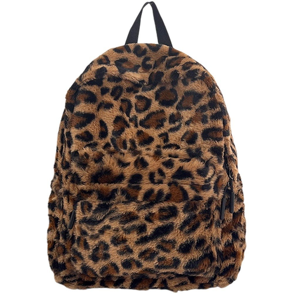 Jiibva Plush Animal Leopard Print Backpack for Women Stylish Bag Personalized Travel Shoulder Bag Bookbag Trendy Daypack Purse