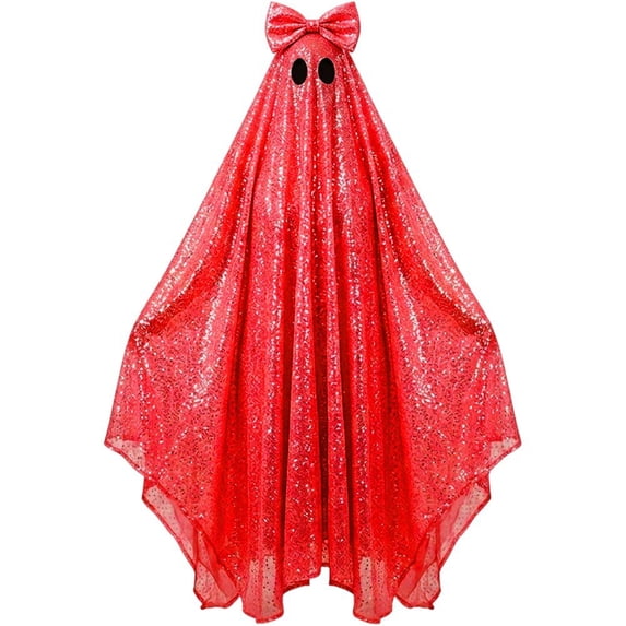 Jiibva Red Ghost Costume Cape with Sequin Bow Sparkle Halloween Cloak Dress Up Accessory