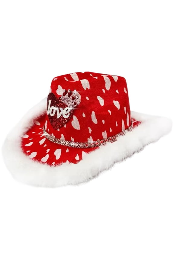 Red Heart Cowboy Hat with White Fuzzy Trim, Cowgirl Hat, Frayed Denim Hat Wide Brim Cap for Party Birthday Carnival Valentine's Day