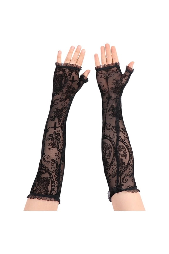 Rose Cross Lace Gloves Mesh Long Fingerless Opera Gloves Halloween Elbow Length Lace Gloves for Evening Prom