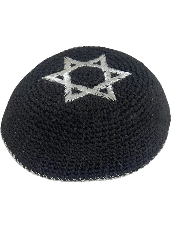 Round Jewish Kippah Hat Knitted with Star of David Embroidery Classic Handmade Skullcap Ceremonial for Adults