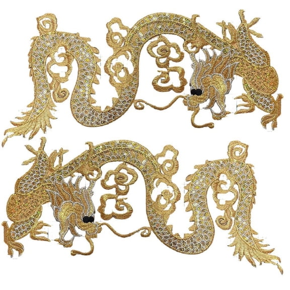 Jiibva Sequin Gold Dragon Embroidered Sew On Sewing Applique Set, 2Pcs Chinese Style Patches for Clothing Bags 28x14cm