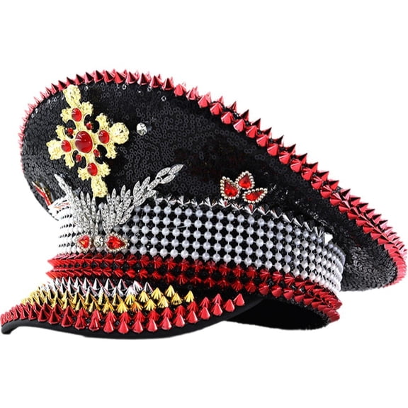Jiibva Sequin Sailor Hat Rivet Sailors Hat Sequins Captain Hat Festival Performance Hats Rhinestone Embedded Navy Party Hat Carnival Birthday Wedding