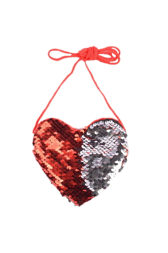 Sequined Heart Mini Shoulder Bag with Adjustable Strap, Small PU Purse for Everyday Essentials(Big red silver)