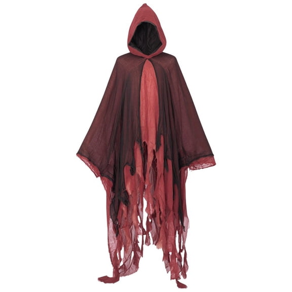 Jiibva Shabby Rag Hooded Cloak Tattered Cape Medieval Witch Wine Red Black 155cm