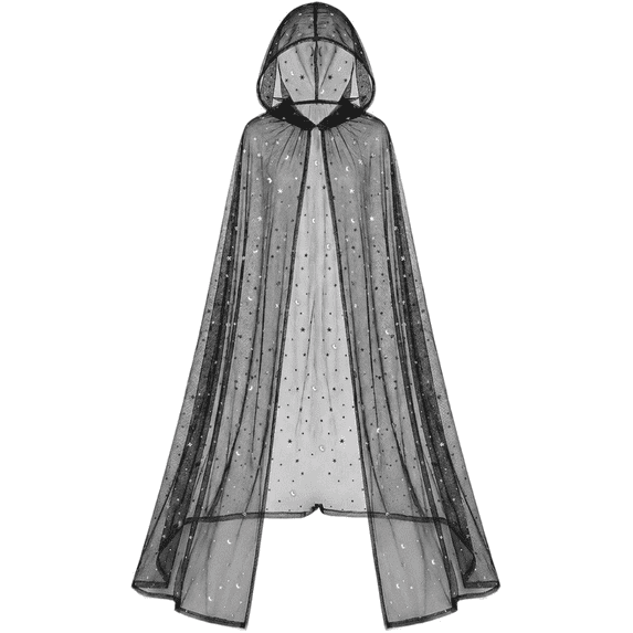 Jiibva Sheer Mesh Witch Cloak Celestial Star Moon Hooded Cape Black 150cm
