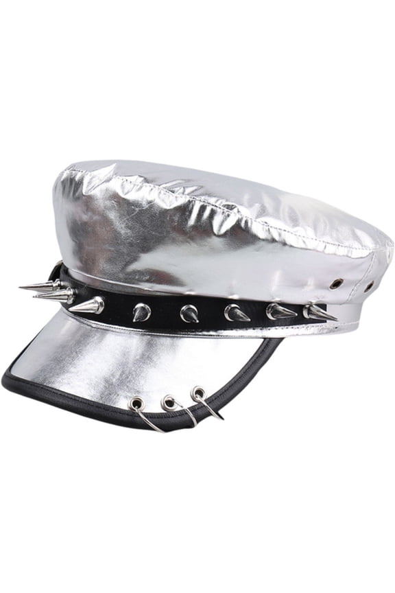 Silver Flat Cap Hip Hop Painter Hat Punk PU Structured For Street Strolling Daily Wear Photo Props