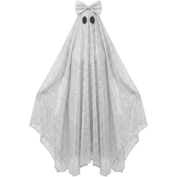 Jiibva Silver Ghost Costume Cape with Sequin Bow Sparkle Halloween Cloak Dress Up Accessory