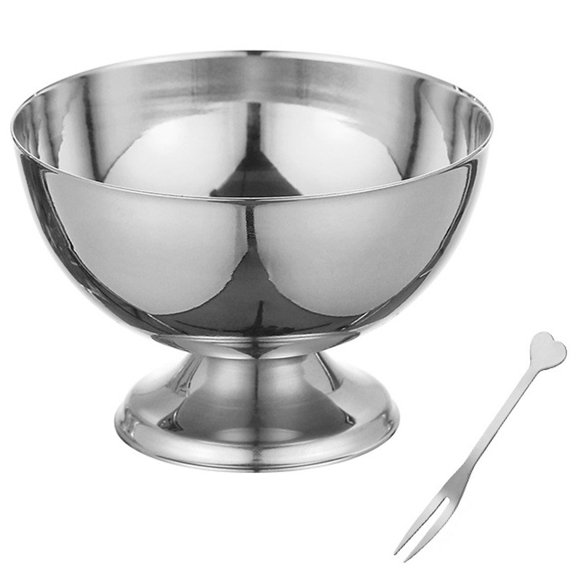 Jiibva Silver Stainless Steel Ice Cream Bowl With Fork Tableware Plates for Home Kitchen