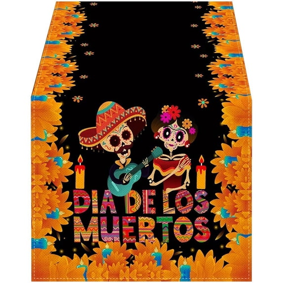 Jiibva Skeleton Couple Sugar Skull Mexican Table Runner Party Decor 1Pc