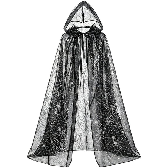 Jiibva Spider Web Hooded Cape Halloween Sheer Mesh Cloak Costume Accessory Black 190cm