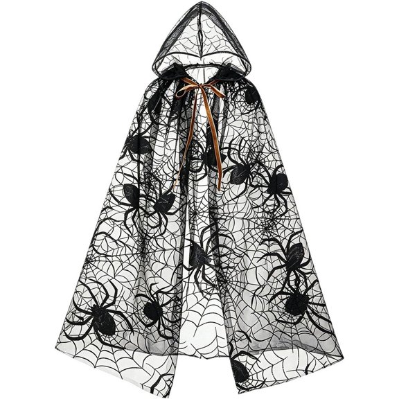 Jiibva Spider Web Hooded Cape Halloween Sheer Mesh Cloak Costume Accessory Black 190cm