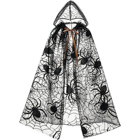 Jiibva Spider Web Hooded Cape Halloween Sheer Mesh Cloak Costume Accessory Black 190cm
