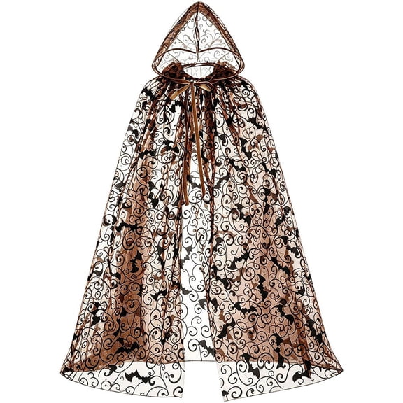 Jiibva Spider Web Lace Hooded Cape Bat Pattern Sheer Mesh Cloak Brown 190cm