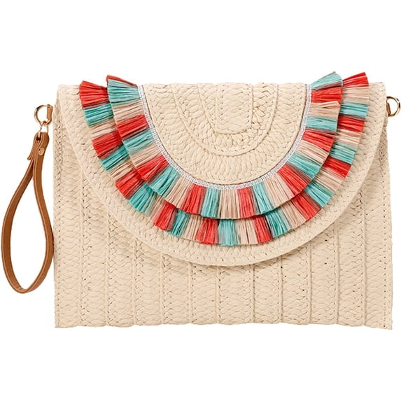 Jiibva Straw Clutch for Women Hand-woven Straw Crossbody Bag Summer Beach Envelope Purse Wallet Bohemia Shoulder Bag Handbags