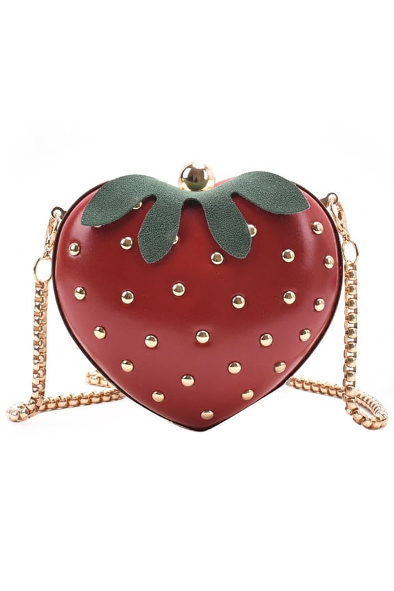Strawberry Heart Shape Shoulder Crossbody Bag PU Rivet Fashion Ladies Chain Handbag Messenger Cute Fruit Purse Bag Shoulder Bag Tote
