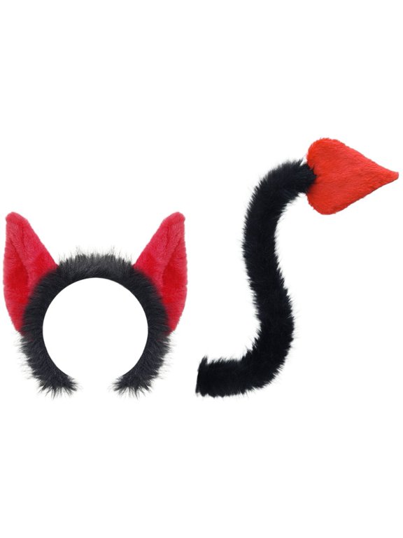 Subculture Devil Headwear and Tail Set, Punk Plush Devil Headband Women Halloween Party Costume Accessories Props