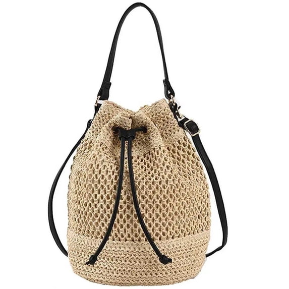 Jiibva Summer Woven Rattan Handbag Bags, Women Straw Shoulder Bag Drawstring Straw Purse Beach Shoulder Tote Handbags for Women