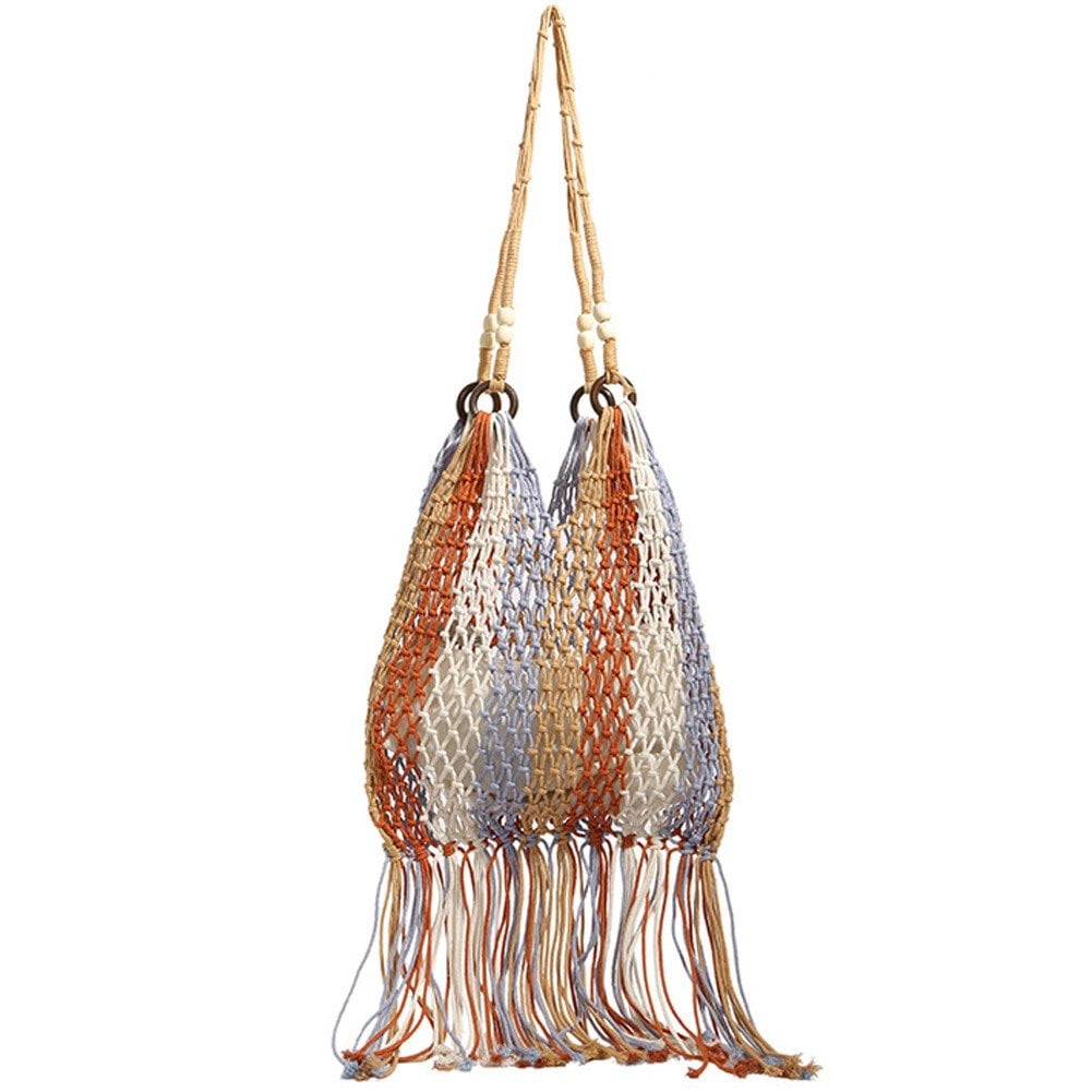 Jiibva Tassel Fishnet Women Shoulder Bags Rope Woven Crochet Tote Bag Lady Handbags Hollow Summer Beach Bag Large Bohemian Bag