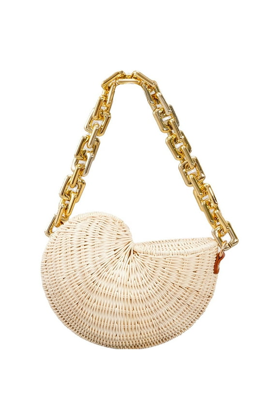 Thick Chains Rattan Conch Women Shoulder Bags Design Wicker Woven Handbags Luxury Summer Beach Straw Bag Bali Purse