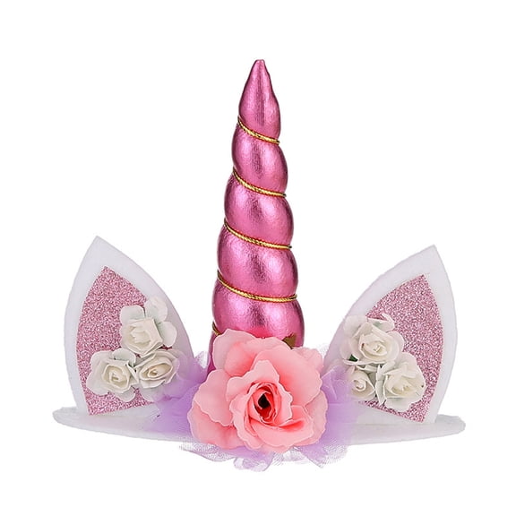 Jiibva Unicorn Cake Topper Handmade Cake Decoration with Unicorn Horn Ears and Flowers for Party