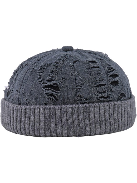 Unisex Ripped Knitted Beanie Hat Fashion Hip-Hop Skull Caps Gothic Brimless Beanie Winter Knit Hats Warm Thick Skullcap Winter Slouchy Hat for Men Woman