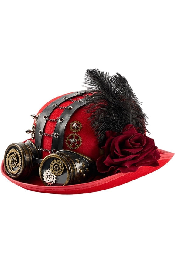 Unisex Steampunk Top Hat Victorian Round With Goggles Gear Chain And Rose Flower Gothic Headpiece For Halloween