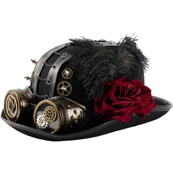 Jiibva Unisex Steampunk Top Hat Victorian Round With Goggles Gear Chain And Rose Flower Gothic Headpiece For Halloween