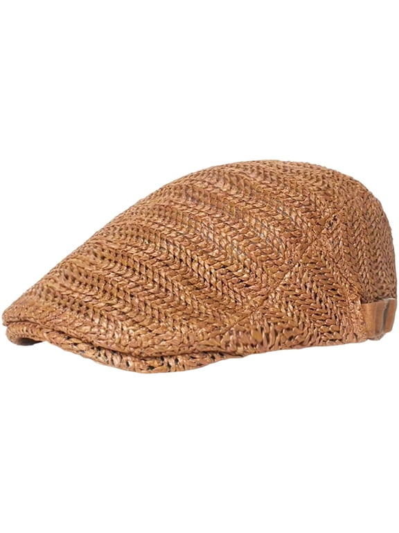 Vintage Adjustable Driving Polyester Straw Beret Newsboy Flat Cap, Beige, 55cm-60cm