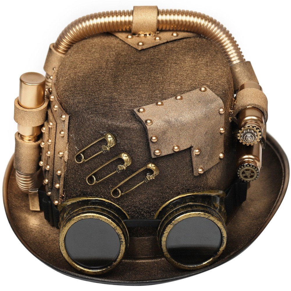 Jiibva Unisex Victorian Steampunk Top Hat with Goggles Bowler Hat for Men Women Carnival Halloween Party