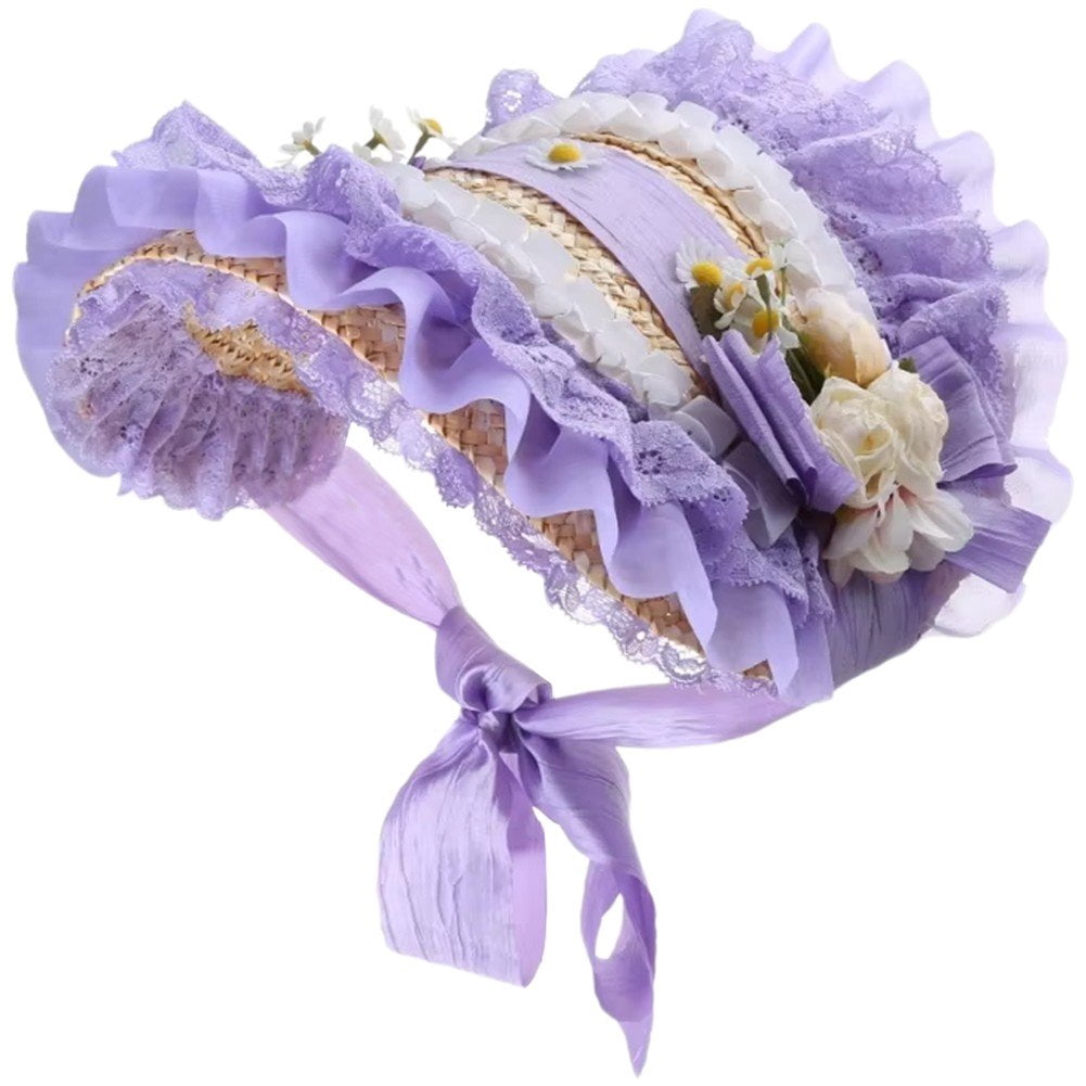 Jiibva Victorian Lace Flowers Bonnet Hat Teas Party Sunhat Flower Straw Hat Fashionn Beach Hats Headdress for Women