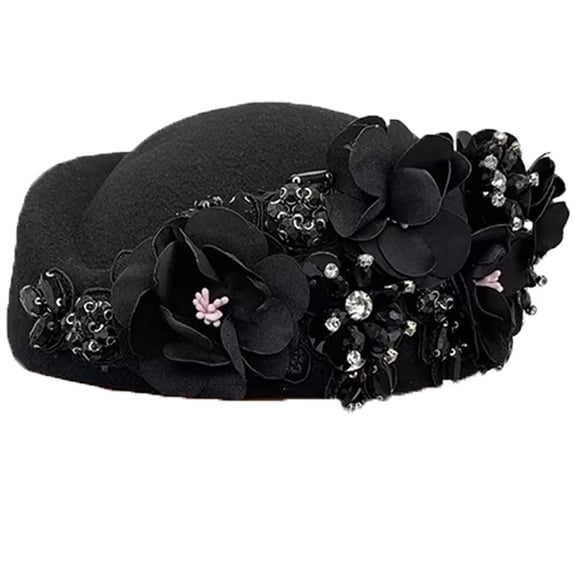 Jiibva Vintage British Turban Hat Felt Beret Hat Floral Rhinestone Beret Caps Church Derby Hat Painter Hat Newsboy Dome Bowler Cap for Ladies