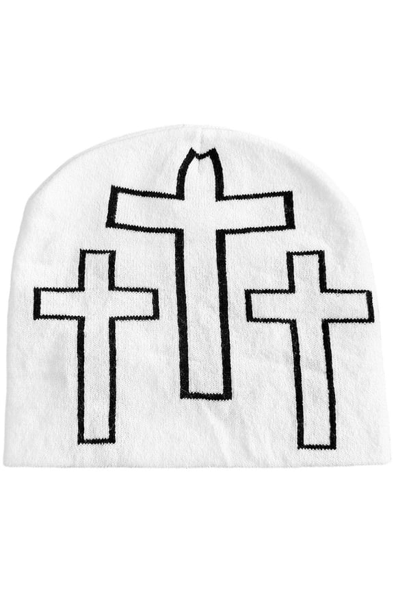 Warm Knit Beanie with Cross Pattern Y2K Unisex Soft Jacquard Knitted Cap Popular Hip-Hop Cool Street Outdoor Sports Earflap Hat for Men Women