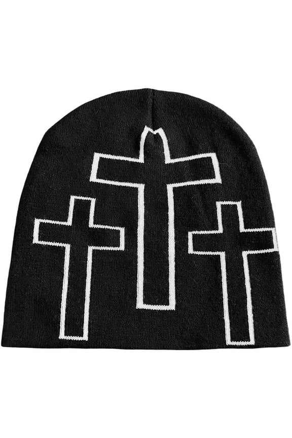 Warm Knit Beanie with Cross Pattern Y2K Unisex Soft Jacquard Knitted Cap Popular Hip-Hop Cool Street Outdoor Sports Earflap Hat for Men Women