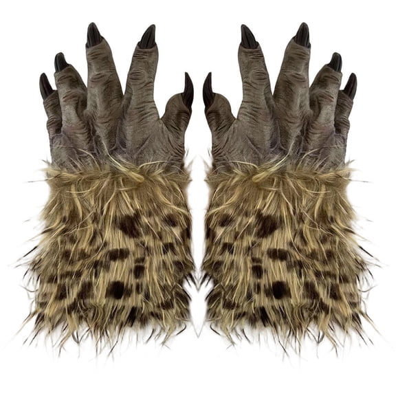 Jiibva Werewolf Claw Gloves Faux Fur Trim Latex Beast Hands Brown 38x18cm