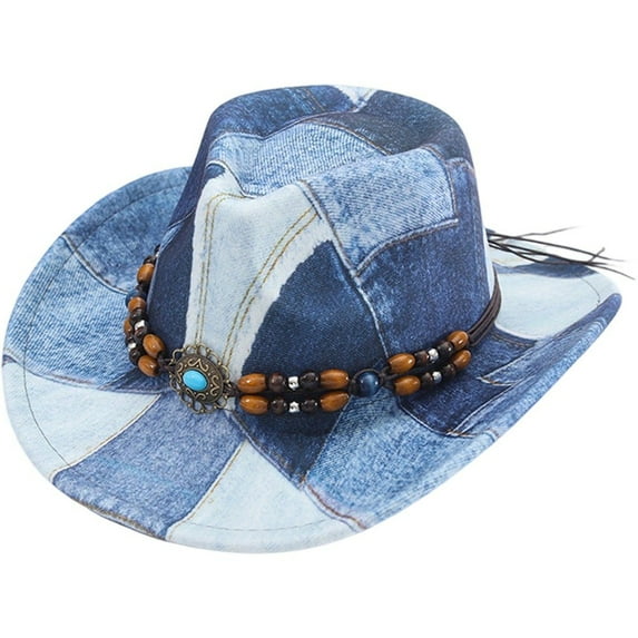 Jiibva Western Cowboy Hat for Women Men, Tie Dye Patchwork Denim Hat Wide Brim Bucket Hat Vintage Jazz Hat for Stylish Party Accessory