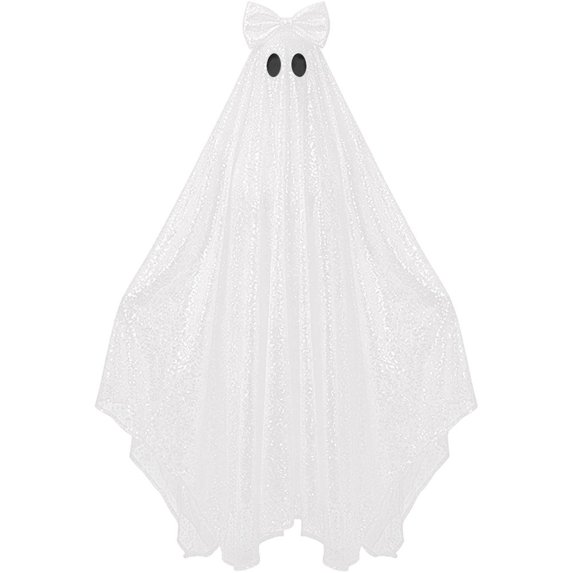Jiibva White Ghost Costume Cape with Sequin Bow Sparkle Halloween Cloak Dress Up Accessory