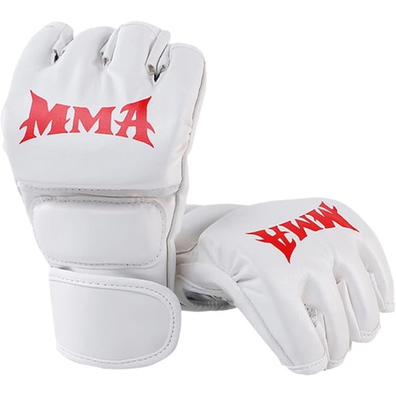 Jiibva White PU Leather Half Finger MMA Boxing Gloves, EVA Padded Training Fight Gloves for Adults 9.45 Inch