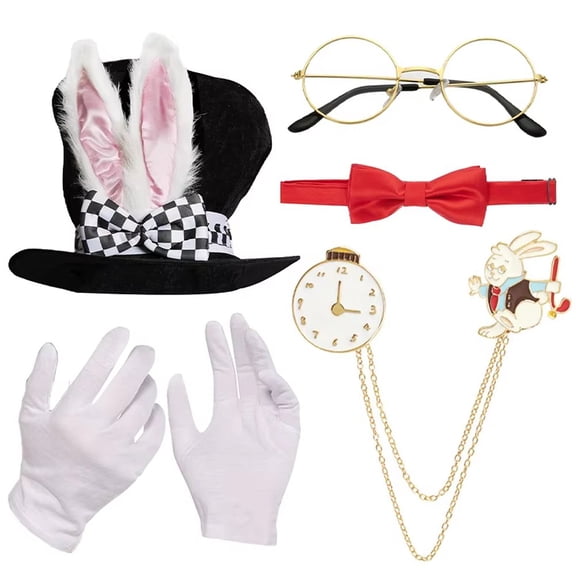 Jiibva White Rabbit Hat Set Includes Rabbits Ears Topper Plush Hat Rabbit Clock Glasses Bowite and Gloves for Halloween Easter Party