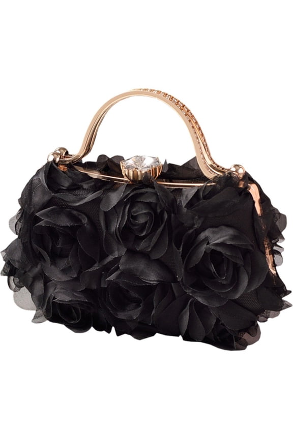 Women 3D Rose Flower Evening Purse Rhinestones Handle Party Handbag Elegant Clutch For Wedding And Formal Event