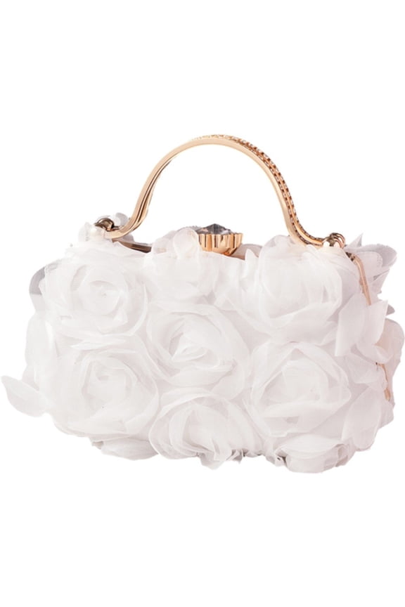 Women 3D Rose Flower Evening Purse Rhinestones Handle Party Handbag Elegant Clutch For Wedding And Formal Event