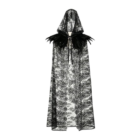 Jiibva Women Gothic Feather Lace Hooded Cloak Witch Costume Cape Black 130cm