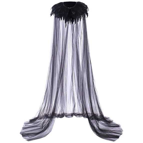 Jiibva Women Halloween Evil Queen Feather Collar Tulle Cloak Vampire Cape Black 180cm