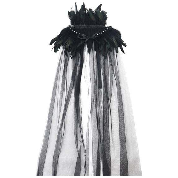Jiibva Women Halloween Evil Queen Feather Collar Tulle Cloak Vampire Cape Black 182cm
